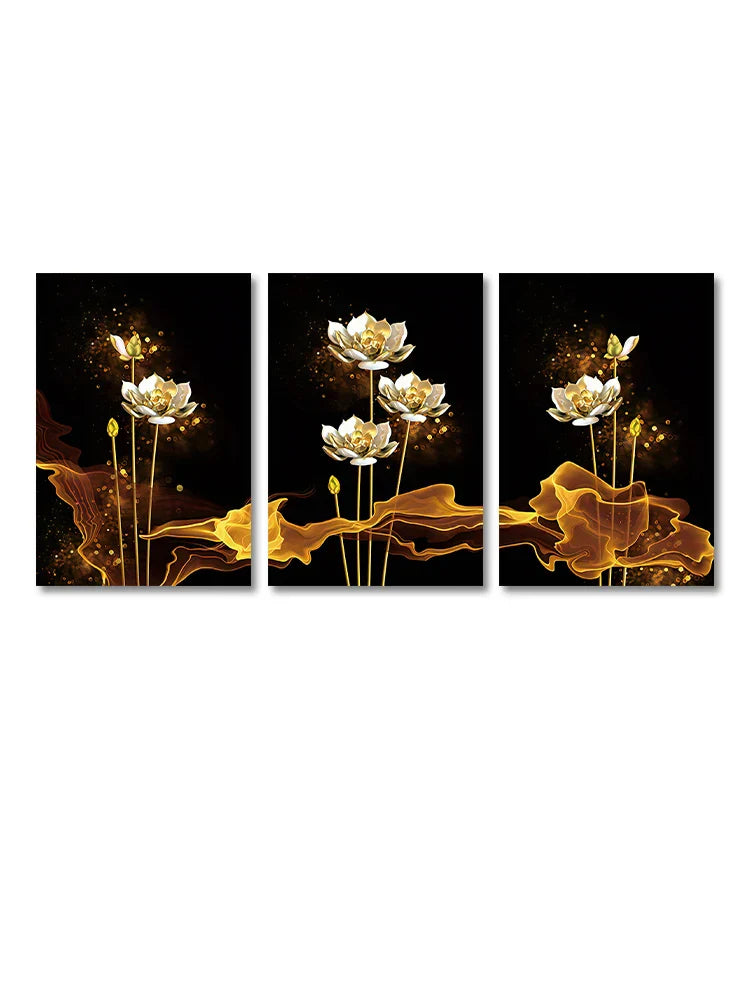 Set of 3 White Golden Lotus Floral Canvas Prints for Luxury Decor
