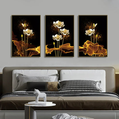 Set of 3 White Golden Lotus Floral Canvas Prints for Luxury Decor