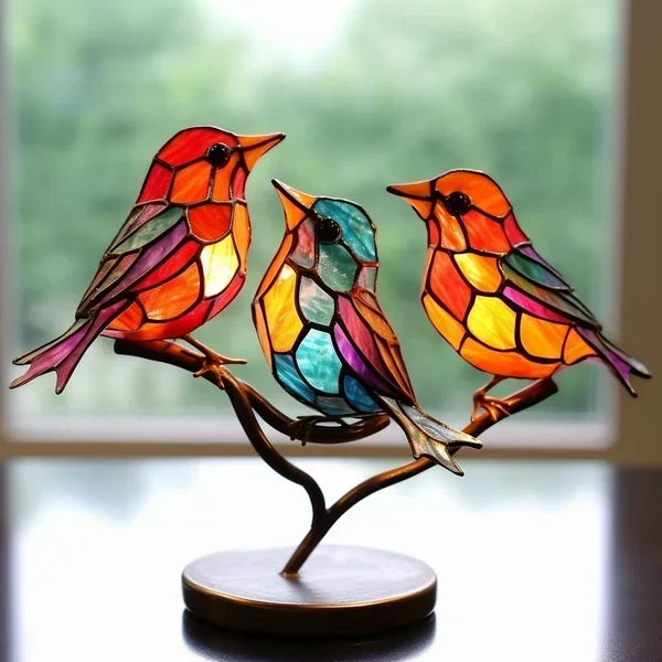 Colorful acrylic birds on branch table ornaments