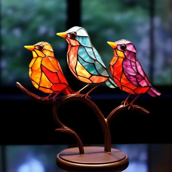 Colorful acrylic birds on branch table ornaments