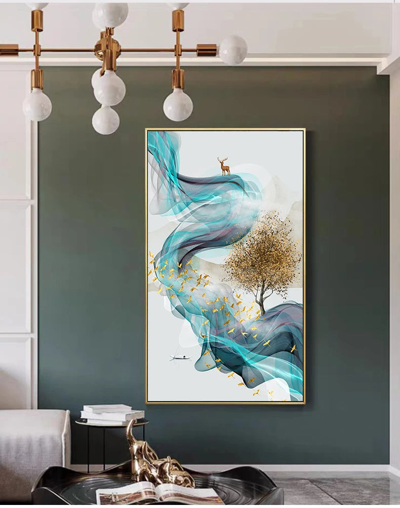 Auspicious Golden Deer Flowing Abstract Landscape Wall Art Fine Art Canvas Prints Inspirational Pictures For Living Room Dining Room Art Decor | Home&so-Homeandso