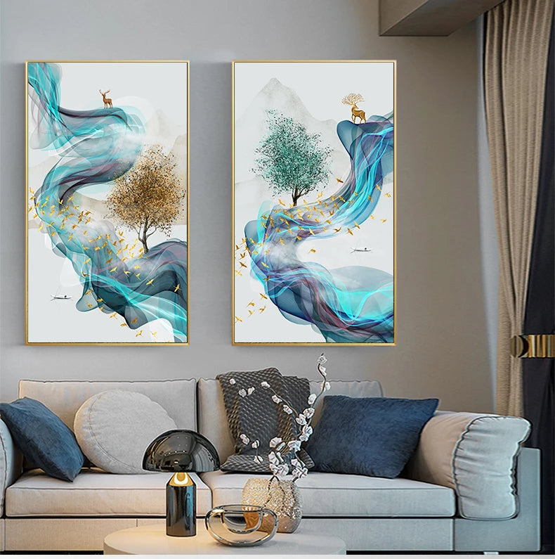 Auspicious Golden Deer Flowing Abstract Landscape Wall Art Fine Art Canvas Prints Inspirational Pictures For Living Room Dining Room Art Decor | Home&so-Homeandso