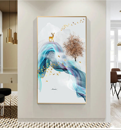 Auspicious Golden Deer Flowing Abstract Landscape Wall Art Fine Art Canvas Prints Inspirational Pictures For Living Room Dining Room Art Decor | Home&so-Homeandso
