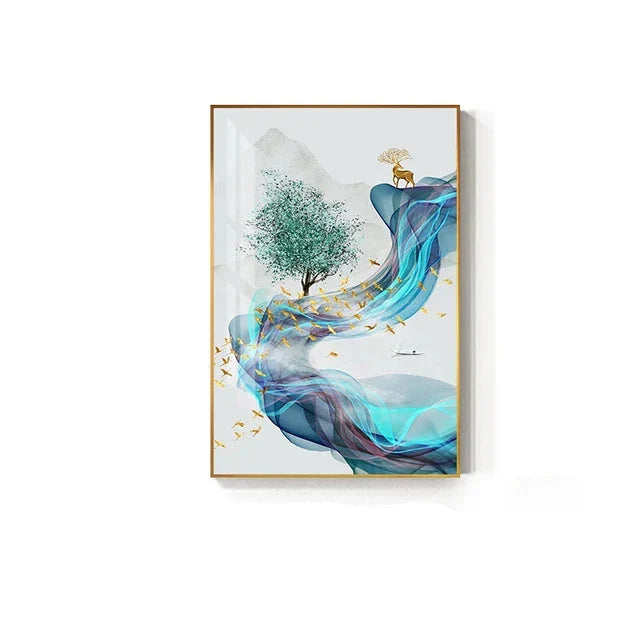 Auspicious Golden Deer Flowing Abstract Landscape Wall Art Fine Art Canvas Prints Inspirational Pictures For Living Room Dining Room Art Decor | Home&so-Homeandso