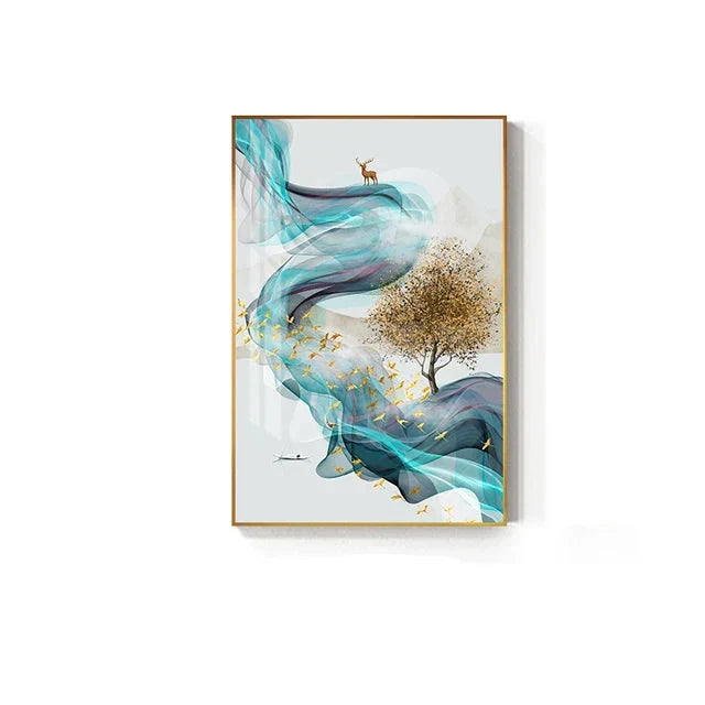 Auspicious Golden Deer Flowing Abstract Landscape Wall Art Fine Art Canvas Prints Inspirational Pictures For Living Room Dining Room Art Decor | Home&so-Homeandso