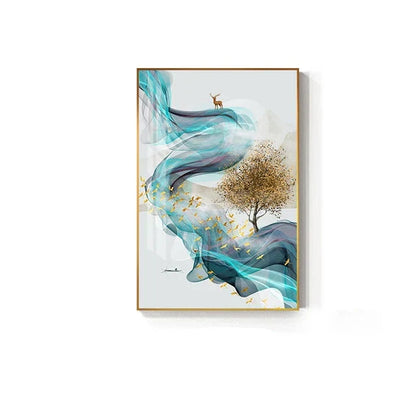 Auspicious Golden Deer Flowing Abstract Landscape Wall Art Fine Art Canvas Prints Inspirational Pictures For Living Room Dining Room Art Decor | Home&so-Homeandso