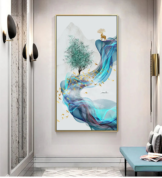 Auspicious Golden Deer Flowing Abstract Landscape Wall Art Fine Art Canvas Prints Inspirational Pictures For Living Room Dining Room Art Decor | Home&so-Homeandso
