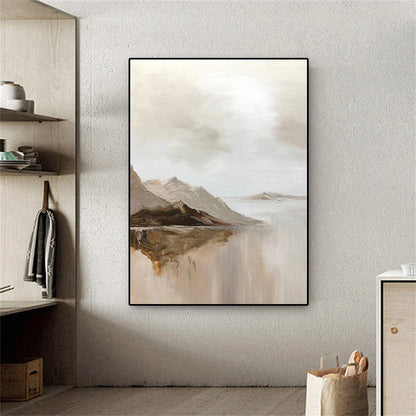 Big Sizes Mountain Lake Landscape Wall Art Fine Art Canvas Prints Brown Beige Grey Neutral Color Textural Abstract Picture For Living Room Entranceway Foyer Art Decor | Home&so-Homeandso