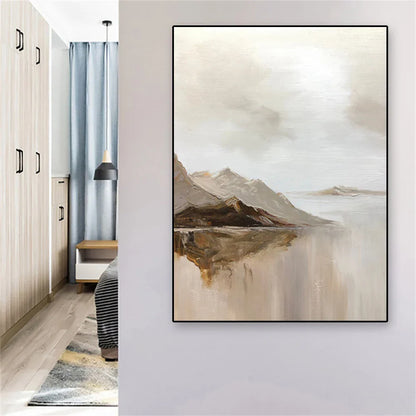 Big Sizes Mountain Lake Landscape Wall Art Fine Art Canvas Prints Brown Beige Grey Neutral Color Textural Abstract Picture For Living Room Entranceway Foyer Art Decor | Home&so-Homeandso