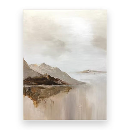 Big Sizes Mountain Lake Landscape Wall Art Fine Art Canvas Prints Brown Beige Grey Neutral Color Textural Abstract Picture For Living Room Entranceway Foyer Art Decor | Home&so-Homeandso