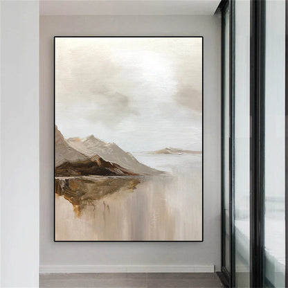 Big Sizes Mountain Lake Landscape Wall Art Fine Art Canvas Prints Brown Beige Grey Neutral Color Textural Abstract Picture For Living Room Entranceway Foyer Art Decor | Home&so-Homeandso