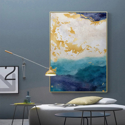 Blue Golden Ocean Spray Seascape Abstract Wall Art Fine Art Canvas Prints Marble Pictures For Living Room Dining Room Art For Contemporary Interiors | Home&so-Homeandso