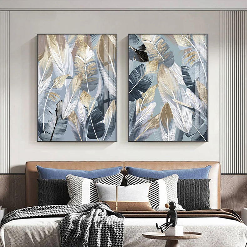 Chic Abstract Blue Golden Feathers Wall Art Fine Art Canvas Prints Posters Pictures For Living Room Dining Room Modern Bedroom Art Decor | Home&so-Homeandso