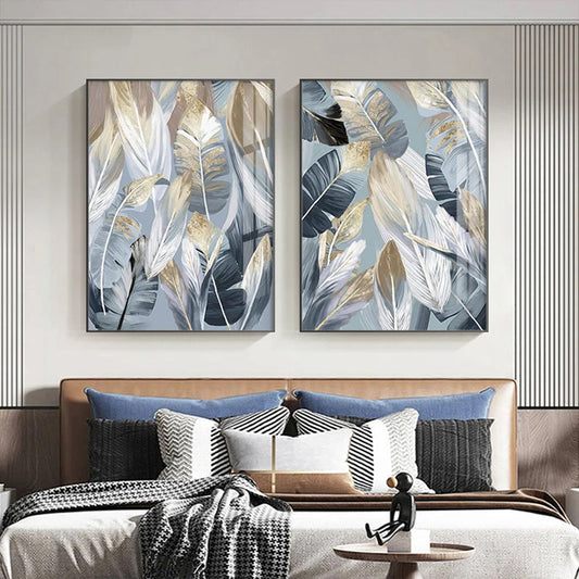 Chic Abstract Blue Golden Feathers Wall Art Fine Art Canvas Prints Posters Pictures For Living Room Dining Room Modern Bedroom Art Decor | Home&so-Homeandso