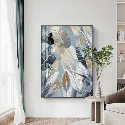 Chic Abstract Blue Golden Feathers Wall Art Fine Art Canvas Prints Posters Pictures For Living Room Dining Room Modern Bedroom Art Decor | Home&so-Homeandso