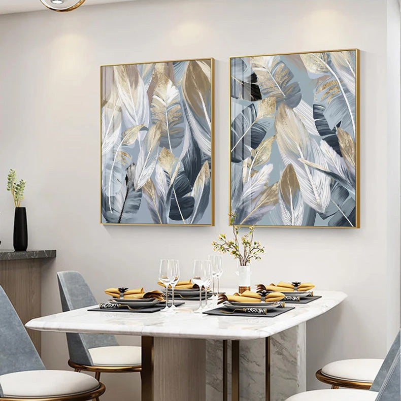 Chic Abstract Blue Golden Feathers Wall Art Fine Art Canvas Prints Posters Pictures For Living Room Dining Room Modern Bedroom Art Decor | Home&so-Homeandso