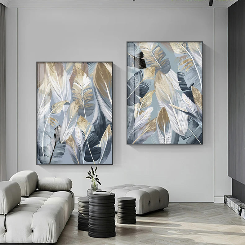 Chic Abstract Blue Golden Feathers Wall Art Fine Art Canvas Prints Posters Pictures For Living Room Dining Room Modern Bedroom Art Decor | Home&so-Homeandso