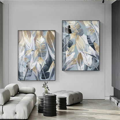 Chic Abstract Blue Golden Feathers Wall Art Fine Art Canvas Prints Posters Pictures For Living Room Dining Room Modern Bedroom Art Decor | Home&so-Homeandso