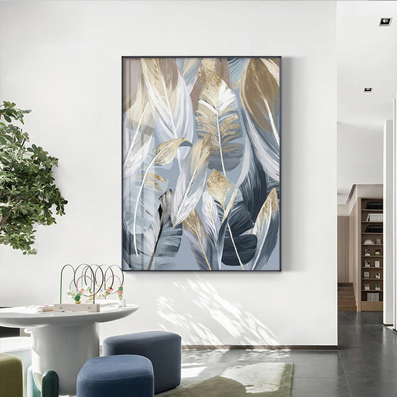 Chic Abstract Blue Golden Feathers Wall Art Fine Art Canvas Prints Posters Pictures For Living Room Dining Room Modern Bedroom Art Decor | Home&so-Homeandso