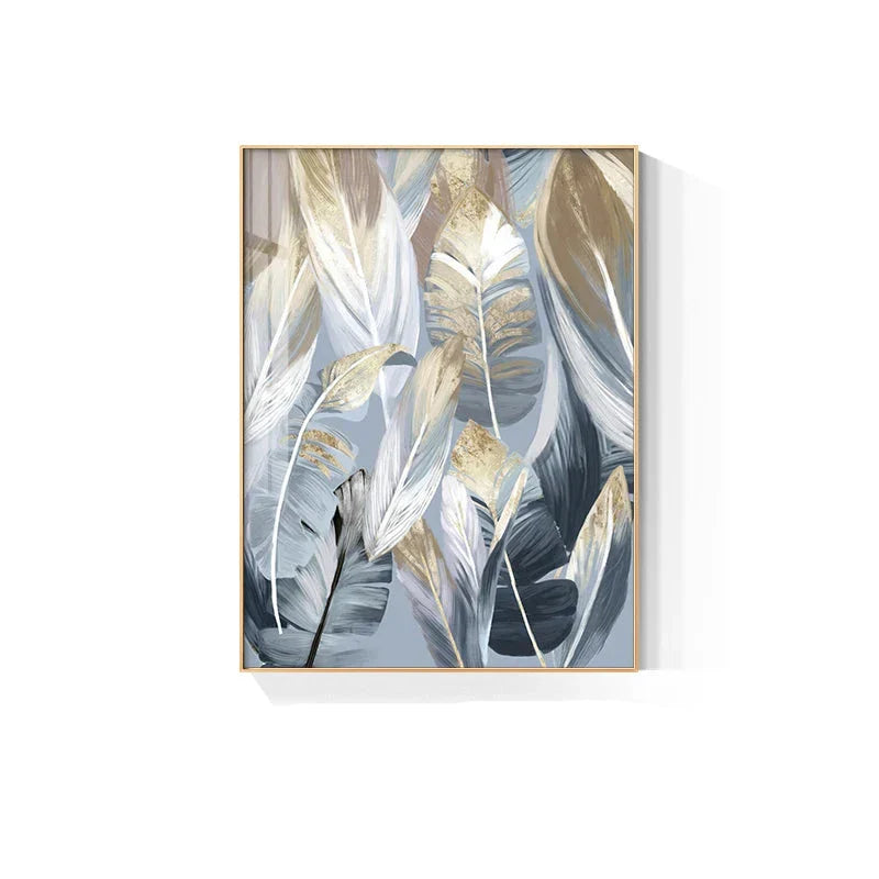 Chic Abstract Blue Golden Feathers Wall Art Fine Art Canvas Prints Posters Pictures For Living Room Dining Room Modern Bedroom Art Decor | Home&so-Homeandso