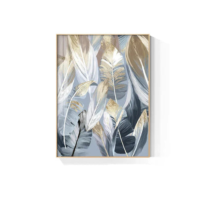Chic Abstract Blue Golden Feathers Wall Art Fine Art Canvas Prints Posters Pictures For Living Room Dining Room Modern Bedroom Art Decor | Home&so-Homeandso