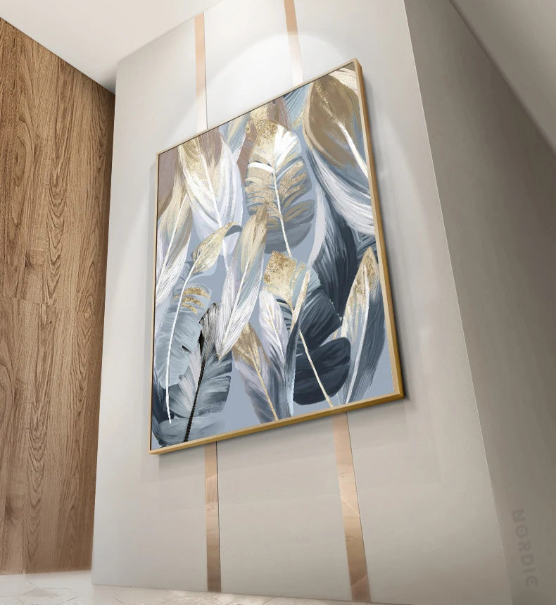 Chic Abstract Blue Golden Feathers Wall Art Fine Art Canvas Prints Posters Pictures For Living Room Dining Room Modern Bedroom Art Decor | Home&so-Homeandso