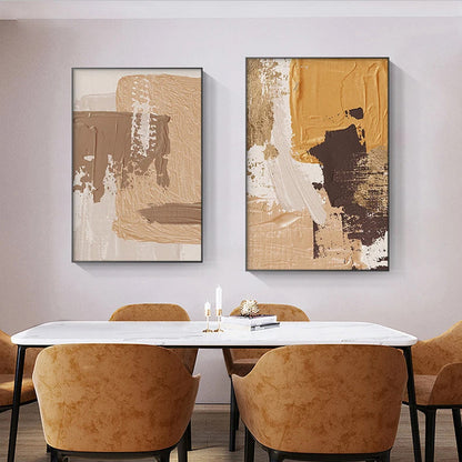Elegant Earth Tones Abstract Brush Texture Wall Art Fine Art Canvas Prints Triple Harmony of Mustard Yellow, Brown, and Beige – Contemporary Wall Art for Modern Home Decor | Home&so-Homeandso