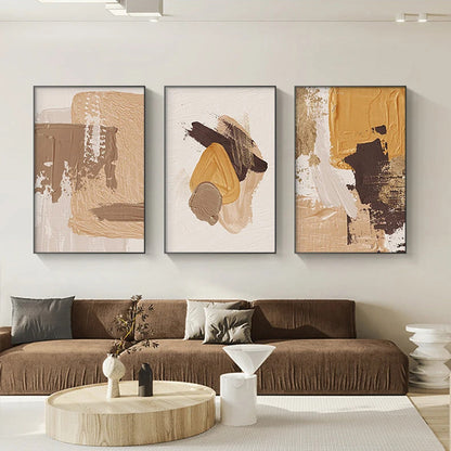 Elegant Earth Tones Abstract Brush Texture Wall Art Fine Art Canvas Prints Triple Harmony of Mustard Yellow, Brown, and Beige – Contemporary Wall Art for Modern Home Decor | Home&so-Homeandso
