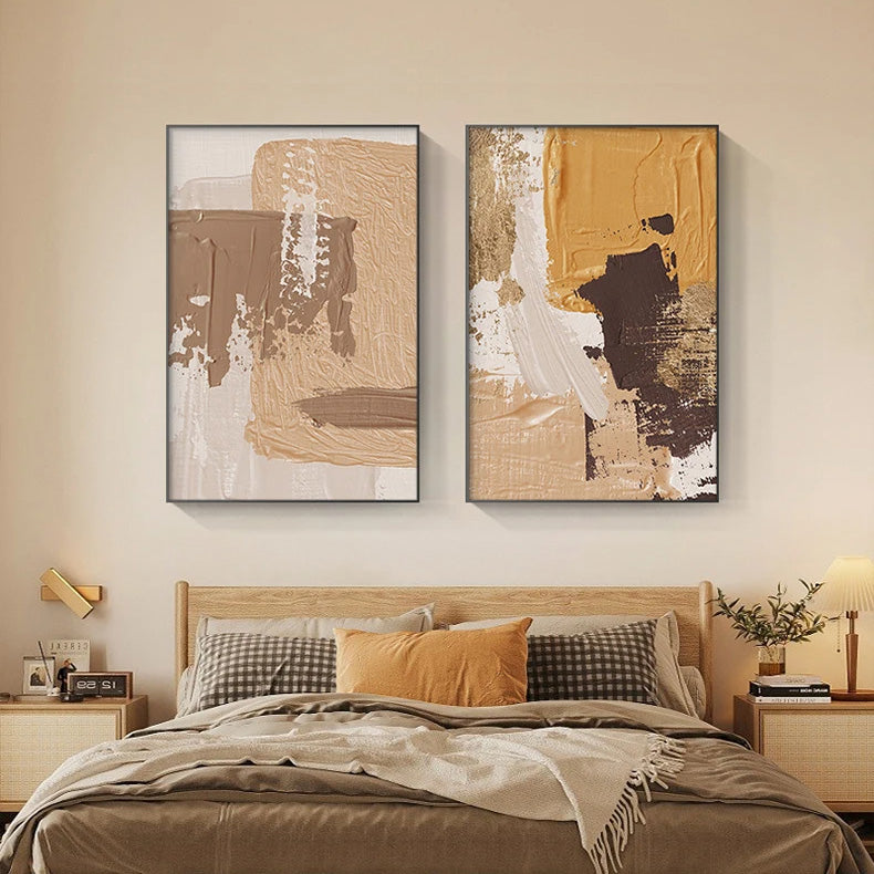 Elegant Earth Tones Abstract Brush Texture Wall Art Fine Art Canvas Prints Triple Harmony of Mustard Yellow, Brown, and Beige – Contemporary Wall Art for Modern Home Decor | Home&so-Homeandso
