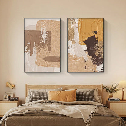 Elegant Earth Tones Abstract Brush Texture Wall Art Fine Art Canvas Prints Triple Harmony of Mustard Yellow, Brown, and Beige – Contemporary Wall Art for Modern Home Decor | Home&so-Homeandso