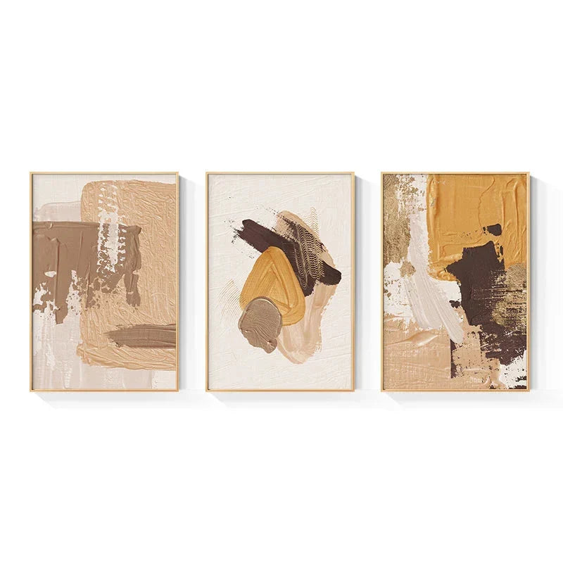 Elegant Earth Tones Abstract Brush Texture Wall Art Fine Art Canvas Prints Triple Harmony of Mustard Yellow, Brown, and Beige – Contemporary Wall Art for Modern Home Decor | Home&so-Homeandso