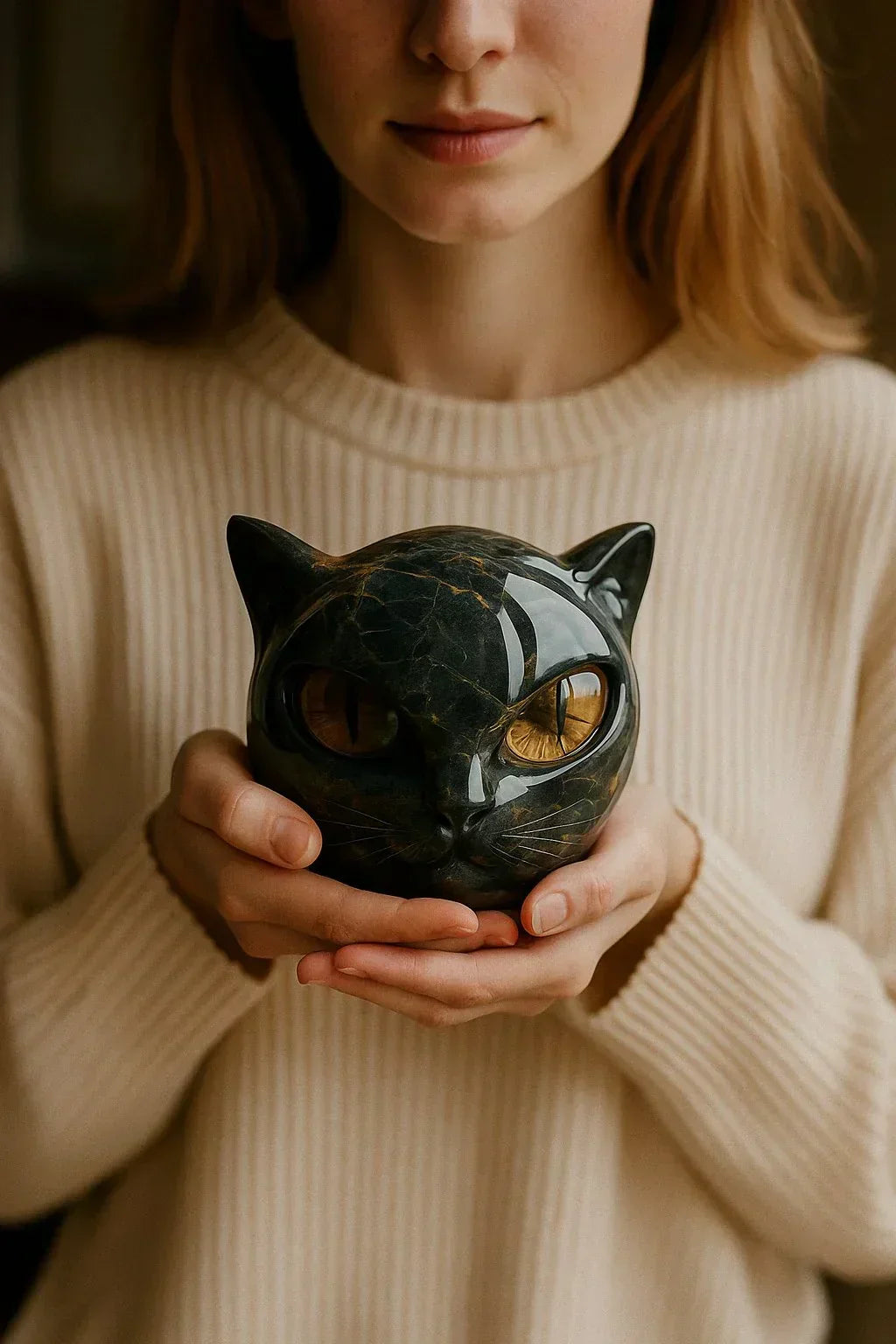 NoirCat Sculpture – Black Cat Head with Hypnotizing Eyes