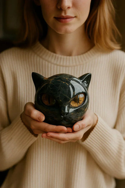 NoirCat Sculpture – Black Cat Head with Hypnotizing Eyes
