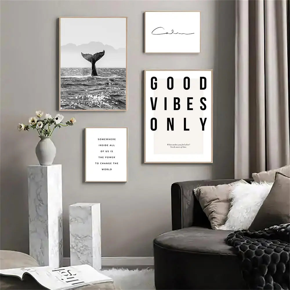 Good Vibes Only Black White Whale Poster Nordic Pictures Of Calm Wall Art Fine Art Canvas Prints Gallery Wall Art Prints For Modern Living | Home&so-Homeandso