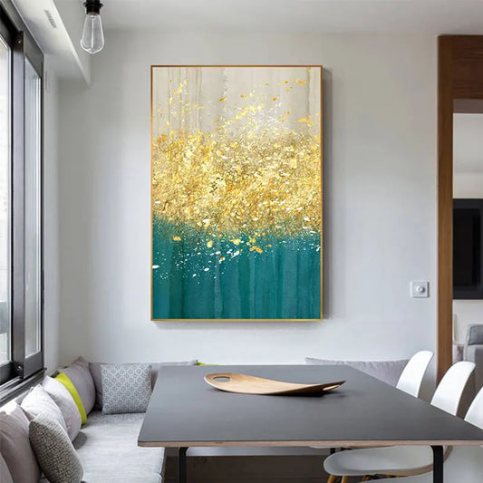 Jade Blue Bright Golden Rain Wall Art Fine Art Canvas Prints Auspicious Abstract Pictures For Living Room Dining Room Home Office Decor | Home&so-Homeandso