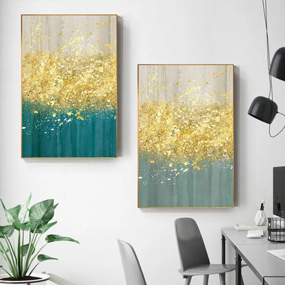 Jade Blue Bright Golden Rain Wall Art Fine Art Canvas Prints Auspicious Abstract Pictures For Living Room Dining Room Home Office Decor | Home&so-Homeandso
