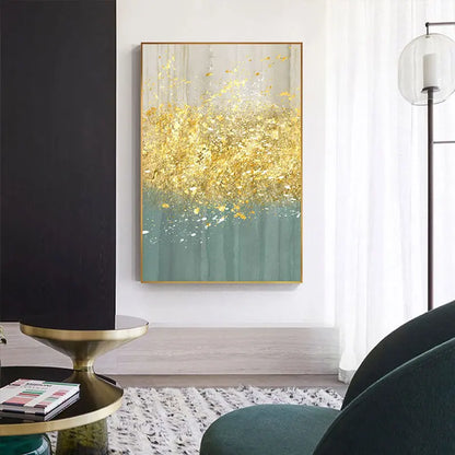 Jade Blue Bright Golden Rain Wall Art Fine Art Canvas Prints Auspicious Abstract Pictures For Living Room Dining Room Home Office Decor | Home&so-Homeandso