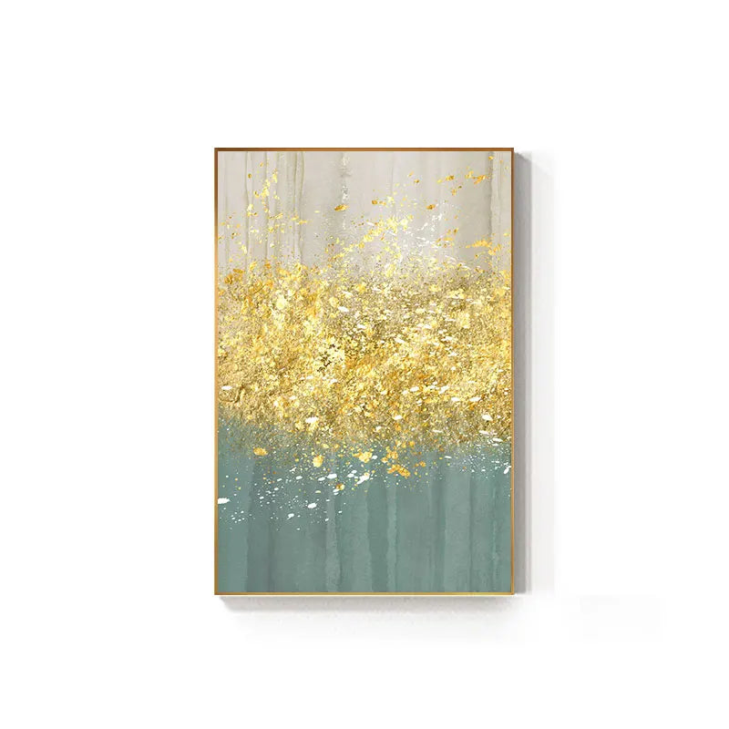 Jade Blue Bright Golden Rain Wall Art Fine Art Canvas Prints Auspicious Abstract Pictures For Living Room Dining Room Home Office Decor | Home&so-Homeandso