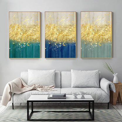 Jade Blue Bright Golden Rain Wall Art Fine Art Canvas Prints Auspicious Abstract Pictures For Living Room Dining Room Home Office Decor | Home&so-Homeandso