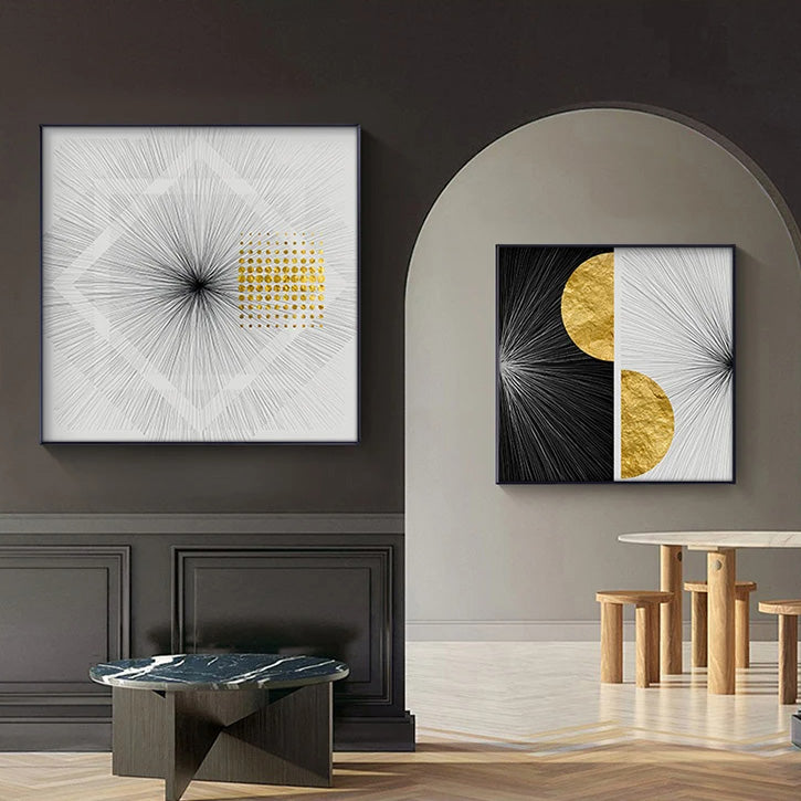 Minimalist Golden Sun Lines Abstract Wall Art Fine Art Canvas Prints Square Format Pictures For Modern Apartment Living Room Art For Contemporary Interiors | Home&so-Homeandso