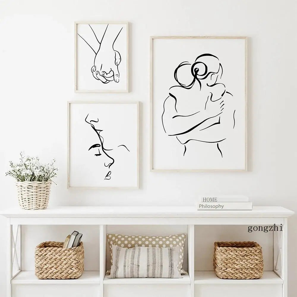 Minimalist Line Art Lovers Black White Wall Art Fine Art Canvas Prints Posters Pictures For Bedroom Living Room Romantic Couples Art For Modern Home Decor | Home&so-Homeandso