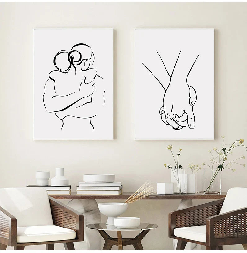 Minimalist Line Art Lovers Black White Wall Art Fine Art Canvas Prints Posters Pictures For Bedroom Living Room Romantic Couples Art For Modern Home Decor | Home&so-Homeandso