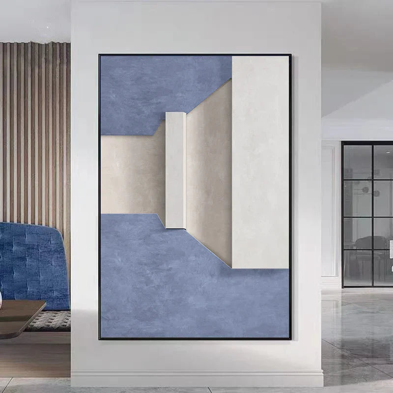Modern Minimalist Abstract Geometric Canvas Print Wall Art - Three-Dimensional Design in Blue, Beige, and White - Contemporary Wall Art for Home or Office Decor | Home&so-Homeandso