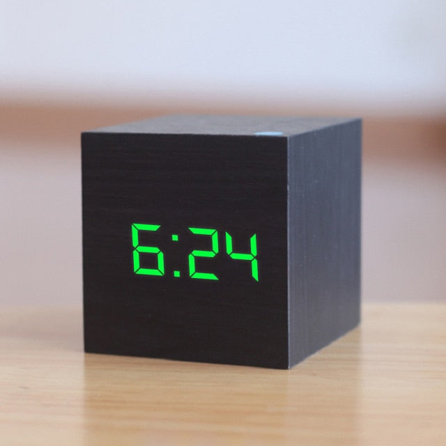 LED Clock made of wood | Cube digital alarm clock with voice control