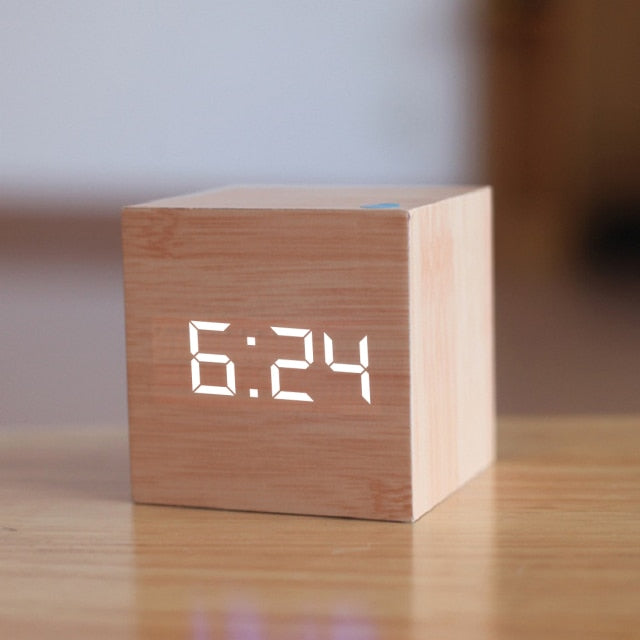 LED Clock made of wood | Cube digital alarm clock with voice control
