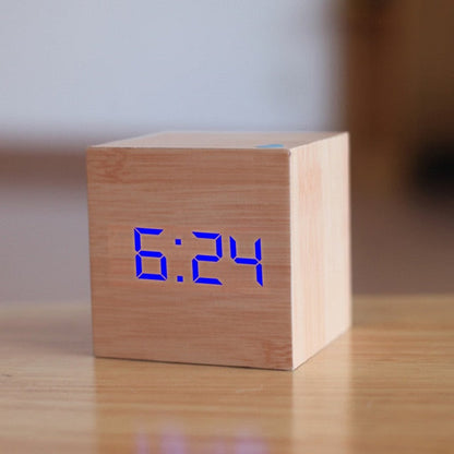 LED Clock made of wood | Cube digital alarm clock with voice control
