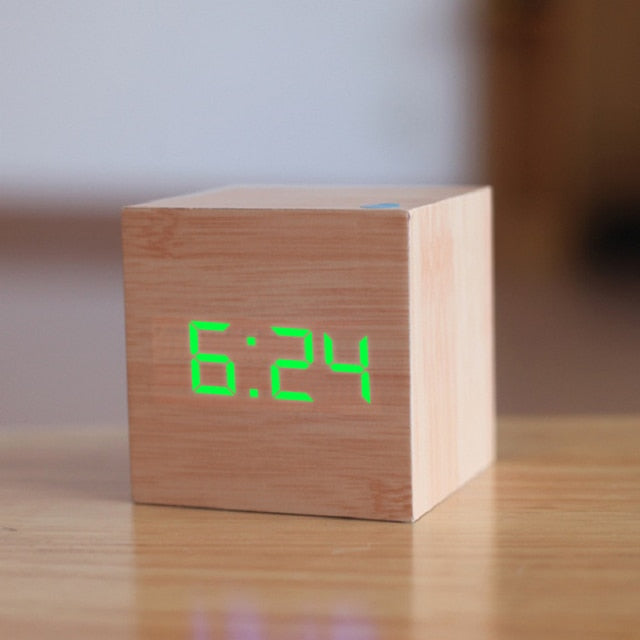 LED Clock made of wood | Cube digital alarm clock with voice control