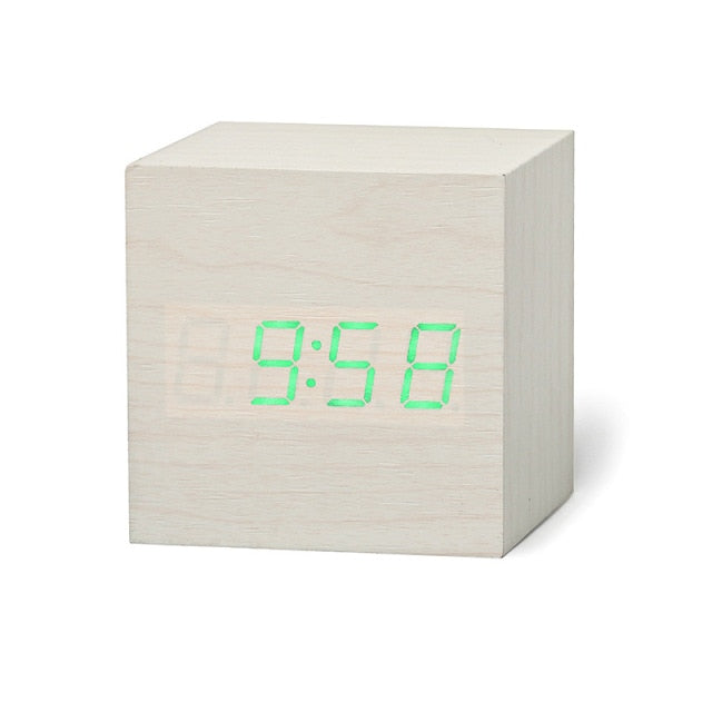 LED Clock made of wood | Cube digital alarm clock with voice control
