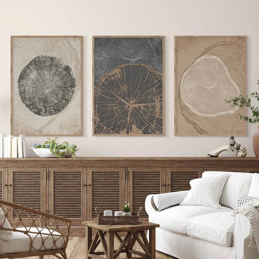 Rustic Tree Rings Abstract Nordic Wall Art Fine Art Canvas Prints Neutral Tones Beige/Gray/Black Wood Pictures For Living Room Dining Room Art Decor | Home&so-Homeandso