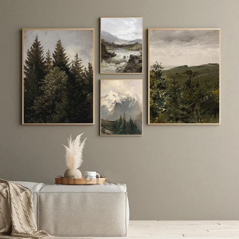 Rustic Vintage Landscape Oil Painting Mountain Forest Wall Art Fine Art Canvas Prints Gallery Wall Pictures For Living Room Dining Room Art Decoration | Home&so-Homeandso